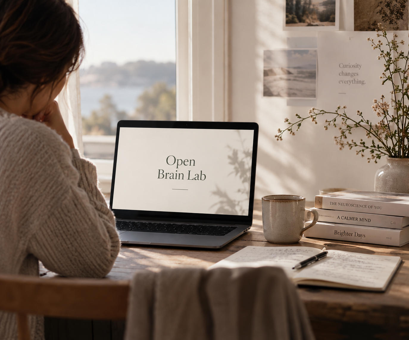 A woman at a sunlit desk watching an Open Brain Lab session on her laptop
